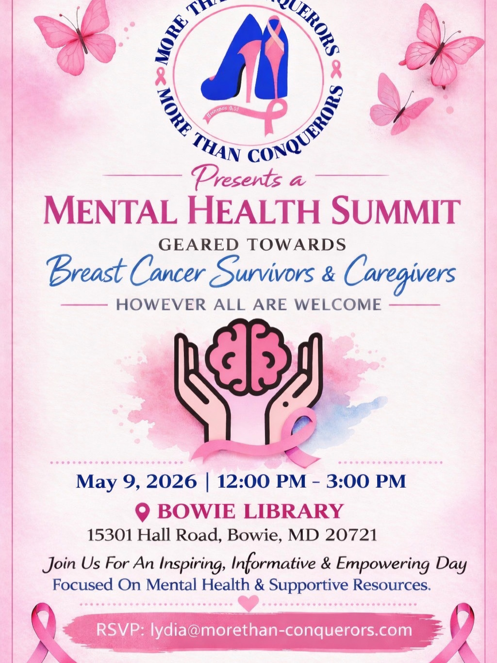 More Than Conquerors mental health summit flyer for May 9, 2026 at Bowie Library